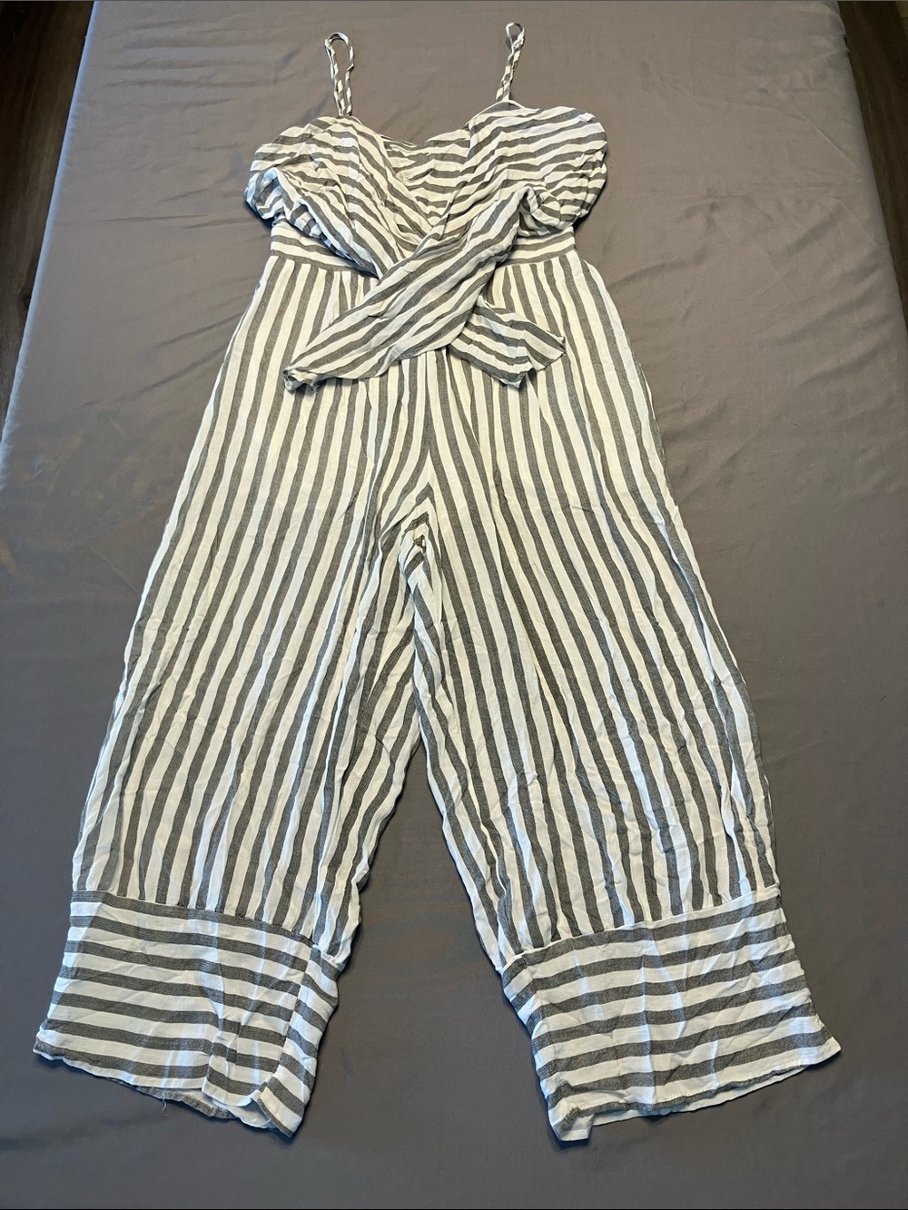 Striped Gray & White Spaghetti-Strap Jumpsuit